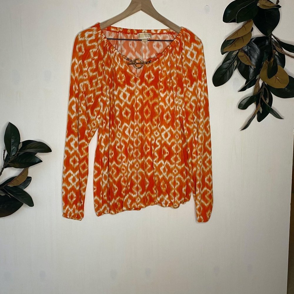 Michael Kors Orange and White Blouse Chain Neck